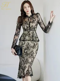 H Han Queen Frühling Professionelle Frau Spitze 2 Stück Set Einfache Tops Vintage Hohe Taille Meerjungfrau Rock Koreanische Röcke Anzüge 240226