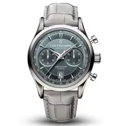 Carl F Bucherer Watch Marley Dragon Flyback Chronograf Gri Mavi Kadran Üst Deri Kayış Kuvars Erkekler Men17279p