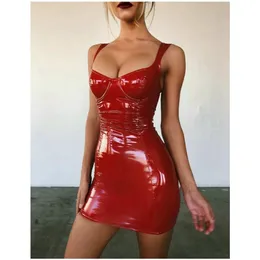 Femminile sexy cinturino per spaghetti a fascia in pelle pu aderente mini abito abiti da sera da donna ball party abito corto slim streetwear 240228