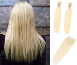 Peruansk människa hår 2 buntar med 4x4 spetsstängning 9a silkeslen rak 613 blonda hårprodukter 830 tum färgbara 3 stycken en set3662864