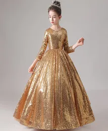 Luxo lantejoulas meninas pageant vestidos fofo fora do ombro ruched ouro bling flor menina vestidos de baile vestidos de festa para g1216962