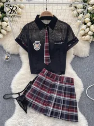 Suits Singreiny Porno Preppy JK Uniform Sensual Suits korta ärmblusar+Plaid kjolar underkläder kvinnor ren smal erotiska 2 stycken uppsättningar