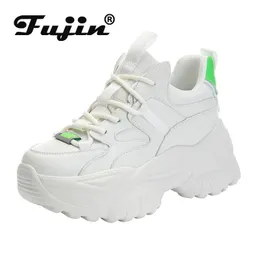 Fujin couro genuíno mulheres tênis chunky sapatos pai 8cm plataforma cunha tênis escondido calcanhar sapatos casuais primavera outono verão 240228