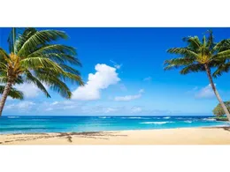 Pano de fundo temático de praia tropical, palmeiras de vinil, nuvens brancas, céu azul e mar, à beira-mar, casamento, cabine po cênica backg3267289