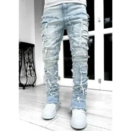 Mens Skinny Jeans Fringe Hiphop Raw Edge Elastic Patch Punk Rock Long Tight Fit Stacked Denim Pants Blue Pink Streetwear 240227