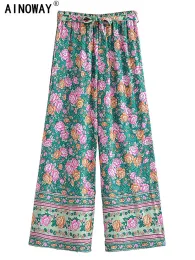 Capris vintage chic kvinnor blommor tryck bohemiska breda benbyxor lady gotisk elastisk midja lös rayon boho långa byxor avslappnade byxor