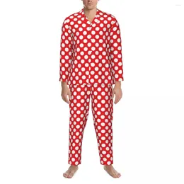 Mäns sömnkläder vit och röd polka dot pyjama sätter vintage spot tryck härligt par långärmad rum 2 stycken nattkläder plus storlek