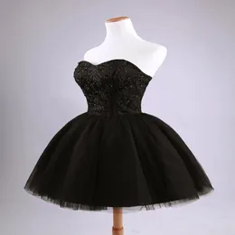 Mini abiti da festa corti in tulle neri Abiti da ritorno a casa corti senza spalline con perline e lacci sul retro Abiti da 16 dolci231w