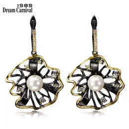 Dreamcarnival 1989 Lotus Flower Earrings Hollow خلق لؤلؤة CZ أسود الذهب Gold Color Hip Hop Pendientes Tipo Gota Moleblies 2242Q