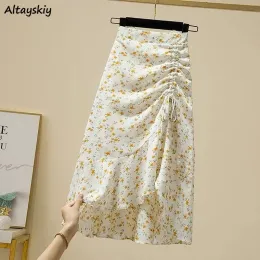 skirt Skirts Women Shirring Floral Midi Irregular Design Sweet Retro Prairie Classic Summer Holiday Girlish Mujer Faldas Young College