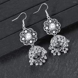 Dangle Earrings Ethnic Silver Color Pearl Flower Pendant For Women Vintage Alloy Bell Tassel Jhumka Jewelry