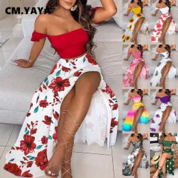 Vestidos Cm.yaya Mulheres Boho Elegante High Side Split Maxi Saias Longas Terno com Strapless Crop Tops Combinando Dois 2 Peça Set Outfits 2022