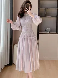 Elegant Casual Dresses 2024 New Spring /Autumn Luxury Diamond Tassel Fold Bright Silk Dress Women's Slim Waist Lantern Sleeve Ruffle Long Dress