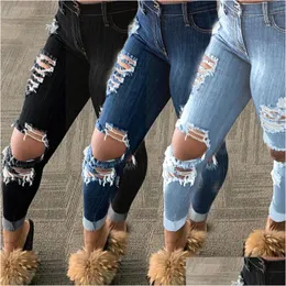 Kvinnors jeans höga midja rippade jeans för kvinnor vintage flare med hål botten jean denim smala byxor byxor droppleveranskläder dhpeq