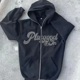 Hip Hop Grunge Moletom Coreano Moda Punk Sport Casaco Pulôver Strass Gótico Carta Manga Longa Zip Hoodie Y2K Jaqueta Homens 240228