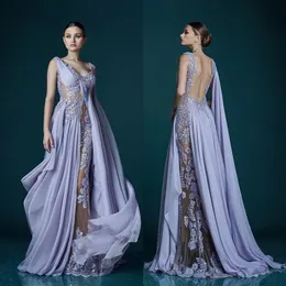 Abiti da sera color lavanda con scollo a V profondo con applicazioni avvolgenti Abito da celebrità senza schienale trasparente Abiti da sera 2017 Splendido chiffon lungo P296a