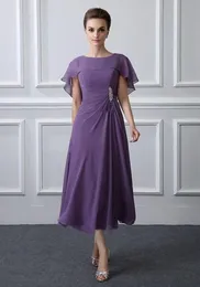 Фиолетовые платья чайной длины для матери невесты с накидками Элегантные шифоновые трапециевидные платья Madre De Los Vestidos De Novia8060154