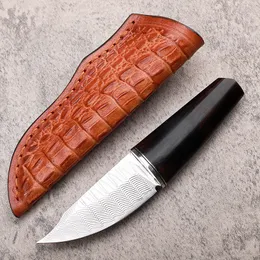 Piccolo coltello a lama fissa in Damasco VG10 Lama in acciaio di Damasco Manico in legno Coltello da caccia dritto per sopravvivenza all'aperto Fodero in pelle