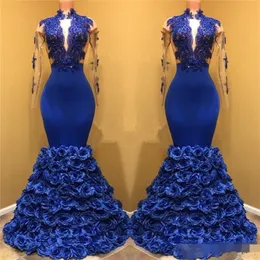 Royal Blue Black Girls Mermaid aftonklänningar Långa ärmar Lace Applique Keyhole Neck Prom Dresses 3D Rose Flowers Pageant Gowns2525