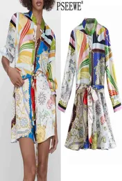 PSEEWE Spring 2021 Za Print Mini Shirt Dress Women Vintage Belt Long Sleeve Short Woman Button Up Casual Dresses 2103247330815