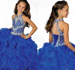 GIRL039S Pageant Dresses Glamorous Halter High Halning Beaded Straps Beading Little Girls Pageant Dress Pleated Blue Organza K4910716