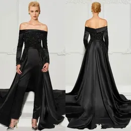 2022 Black Lace Jumpsuits aftonklänningar med löstagbart tåg från axelpärlade formella klänningar långa ärmar paljett prom dr224i