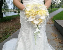 Wasserfall-Hochzeitsblumen, gelbe Rose, Calla-Lilien, Brautsträuße, künstliche Perlen, Kristall-Hochzeitssträuße, Bouquet De Mariage R1999043