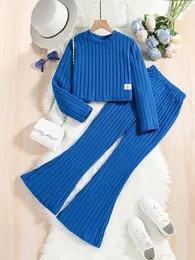 2 PCS Kidskläderuppsättningar för flickor Autumn Winter Children Fashion Knit Blue Long Sleeve Tops Flares Pant 714Y 240307