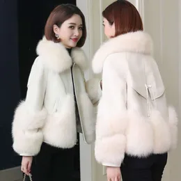 Genuine Haining New Sheepskin Leather Down Women's Short Fox Collar Fur Integrated Coat Korean Winter Edition 8951