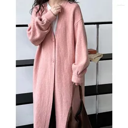 Malhas femininas 2024 mulheres outono de malha com decote em v camisola casaco cor rosa longo cardigans bege tops estilo solto