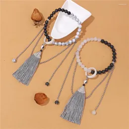 Charme Pulseiras Pedra Natural 8mm Beads Pulseira Tai Chi Yin Yang Long Tassel Labradorite Preto Onyx Jades Homens Mulheres