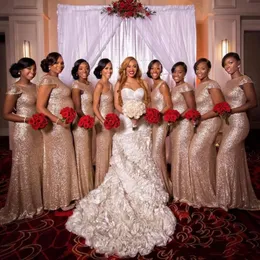 2021 Длинные платья подружки невесты с блестками из розового золота на одно плечо, украшенные бриллиантами, с короткими рукавами, на молнии сзади, с скользящим шлейфом, вечерние платья русалки273h