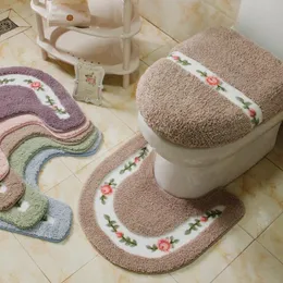 Pastoral Style Toilet Rug Flower Pattern Bathroom Mat Set U Shape Toilet Carpets Floor Decor Bath Mat Set Fiber Toilet Lid Cover 240226
