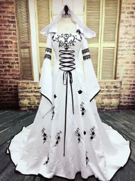 Vintage Black And White Celtic Wedding Dress With Cap Bell Long Sleeves Embroidery Lace-Up Medieval Victorian Bridal Gowns Court Train A Line Bride Dresses 2024