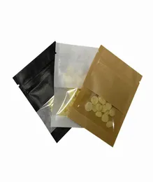 Sacos de embalagem com zíper, preto, branco, marrom, papel kraft, com janela transparente, malotes com zíper reutilizáveis para lanche de doces, pacote 4421076