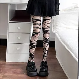 Meias femininas punk gótico buraco quebrado meia lolita jk sexy pesca escuro y2k renda rasgado meias altas preto roupa interior meia-calça