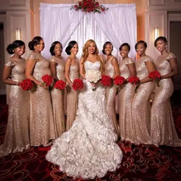 Длинные платья подружки невесты с блестками из розового золота 2021 года на одно плечо, украшенные бриллиантами, с короткими рукавами, на молнии сзади, с скользящим шлейфом, вечерние платья русалки289f
