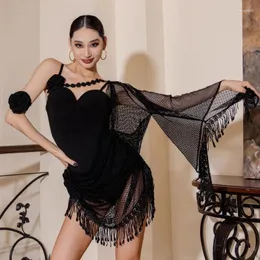 Scene Wear Swing Latin Dance Dress Women Net Fringe Black Adult Performance Clothes Prom Rumba Cha Competition BL12412