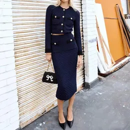 Women's Knits 2024 Early Spring Navy Blue Checkerboard Round Neck Knitted Cardigan Top / Straight Skirt Suit