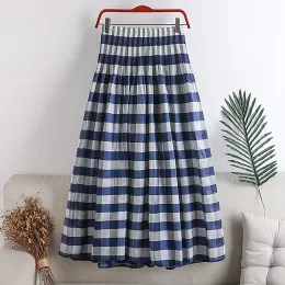 Klänningar kvinnor vintage rand kjolar 2023 ny sommar hög midja veckade långa kjolar ankellängd stor swing maxi kjol jupe femme 88 cm