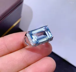 Pierścienie klastra EST Pierścień mięśniowy rozmiar 10 14 mm Naturalny niebieski topaz klejnot s925 Silver Square Square Men Prezent Birthstone4810594