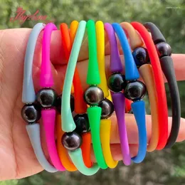 Charm Bracelets 10mm Round Black Freshwater Pearl Sport Casual Waterproof Silicone Bracelet Powerful Bangle Yoga Balance Wrist 1 Pcs