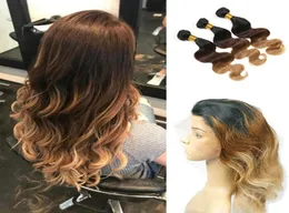 Three Tone Hair Extensions With 360 Lace Band Frontal Closure 1B 4 27 Honey Blonde Ombre Body Wave Human Hair Weave With 3604362254