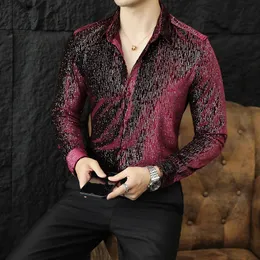 Moda masculina camisas de veludo brilhante roupas de dança para homens luxo elegante vestido primavera outono manga longa blusa casual 240307