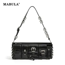 Mabula Vintag Black Underarm Shoulder Bag Punk Stylish Pu Leather Clutch Handbag Retro Rock Unisex Cuboid Purse 240307