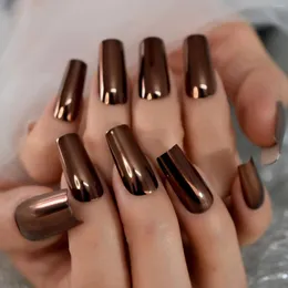 False Nails Champagne Metallic Press On Long Coffin Shiny Fancy Sexy Prom Party Gold Coffee Faux Ongles 24pcs