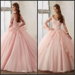 Новое пышное бальное платье Quinceanera с длинными рукавами, платья для выпускного вечера эпохи Quincea, розовые платья из тюля с аппликацией, кружево, сексуальные 16 платьев256n