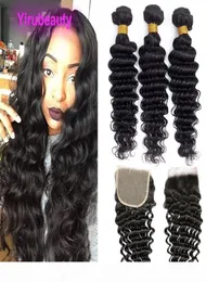 Brazilian Virgin Hair Extensions Deep Wave 55 Closure With 3 Bundles 4Pieces lot 5X5 Closure With Three Bundles Deep Curly Natura8558845