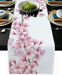 Bordduk Spring Cherry Blossoms Blooming Rectangle Linen Runner Pink Flower Dresser Scarves Dining Wedding Party Decor