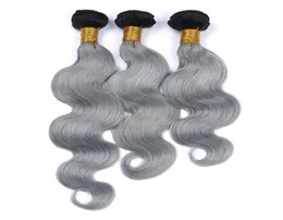 9A Virgin Brasilianska 1Bgrey Ombre Human Hair 3PCS Body Wave Hair Extensions Dark Roots Silver Grey Ombre Brasilianskt mänskligt hår WEAV7703892